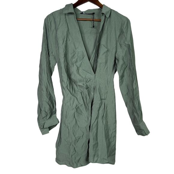 Zara Long Sleeve Tunic Wrap Style Mini Dress Collard V Neck Button M Olive Green - Picture 15 of 15